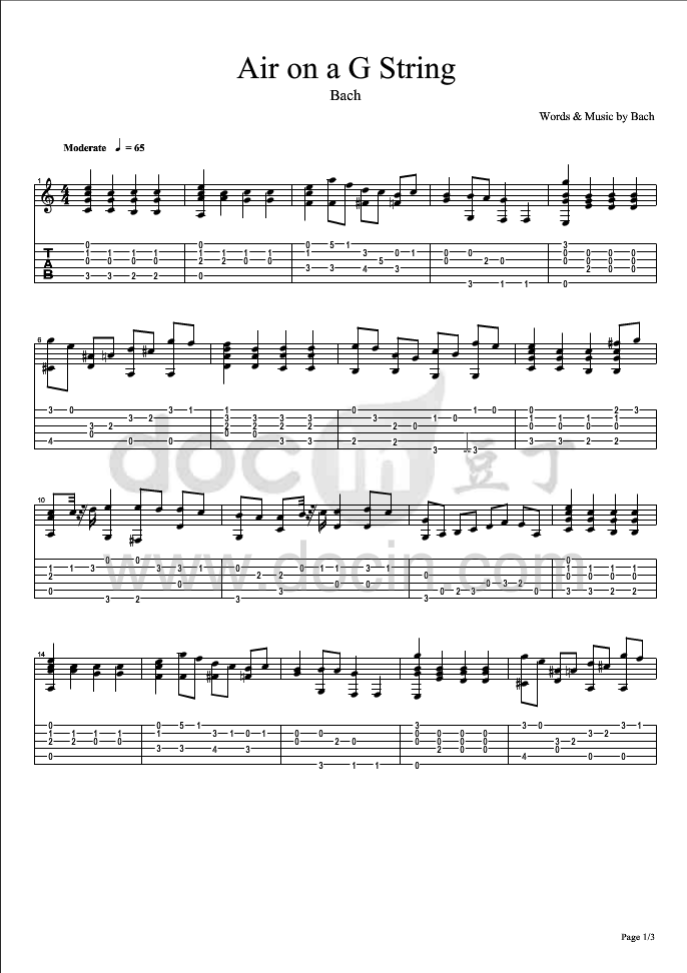 Air On A G String吉他指弹谱 六线谱_豆丁网编配_Bach1