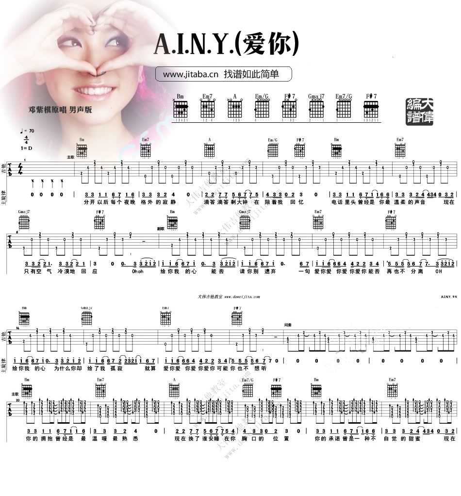 AINY爱你吉他谱 D调男生版_大伟吉他教室编配_邓紫棋1