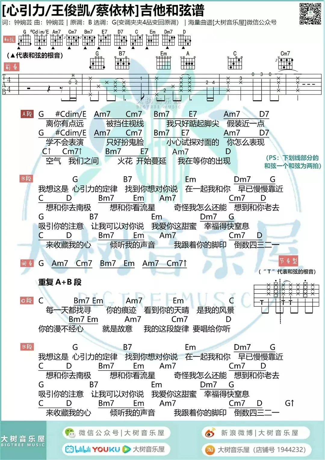 心引力吉他谱 G调和弦谱_大树音乐屋编配_蔡依林1
