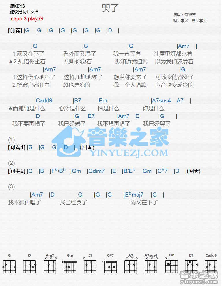 哭了吉他谱 G调和弦谱_音乐之家编配_范晓萱1