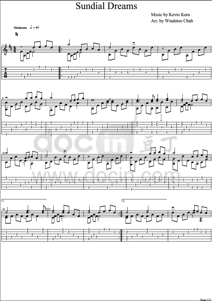 Sundial Dreams指弹谱 C调六线谱_豆丁网编配_Kevin Kern1