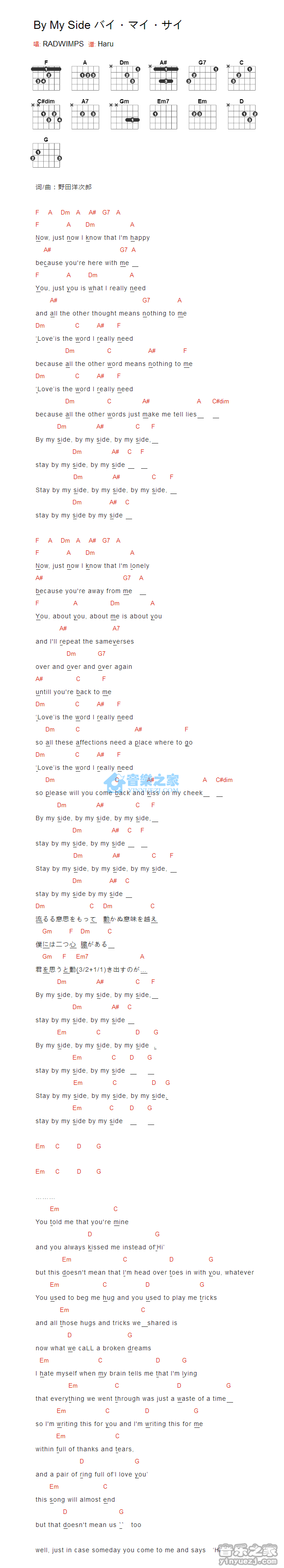 By My Side吉他谱 F调_音乐之家编配_Radwimps1