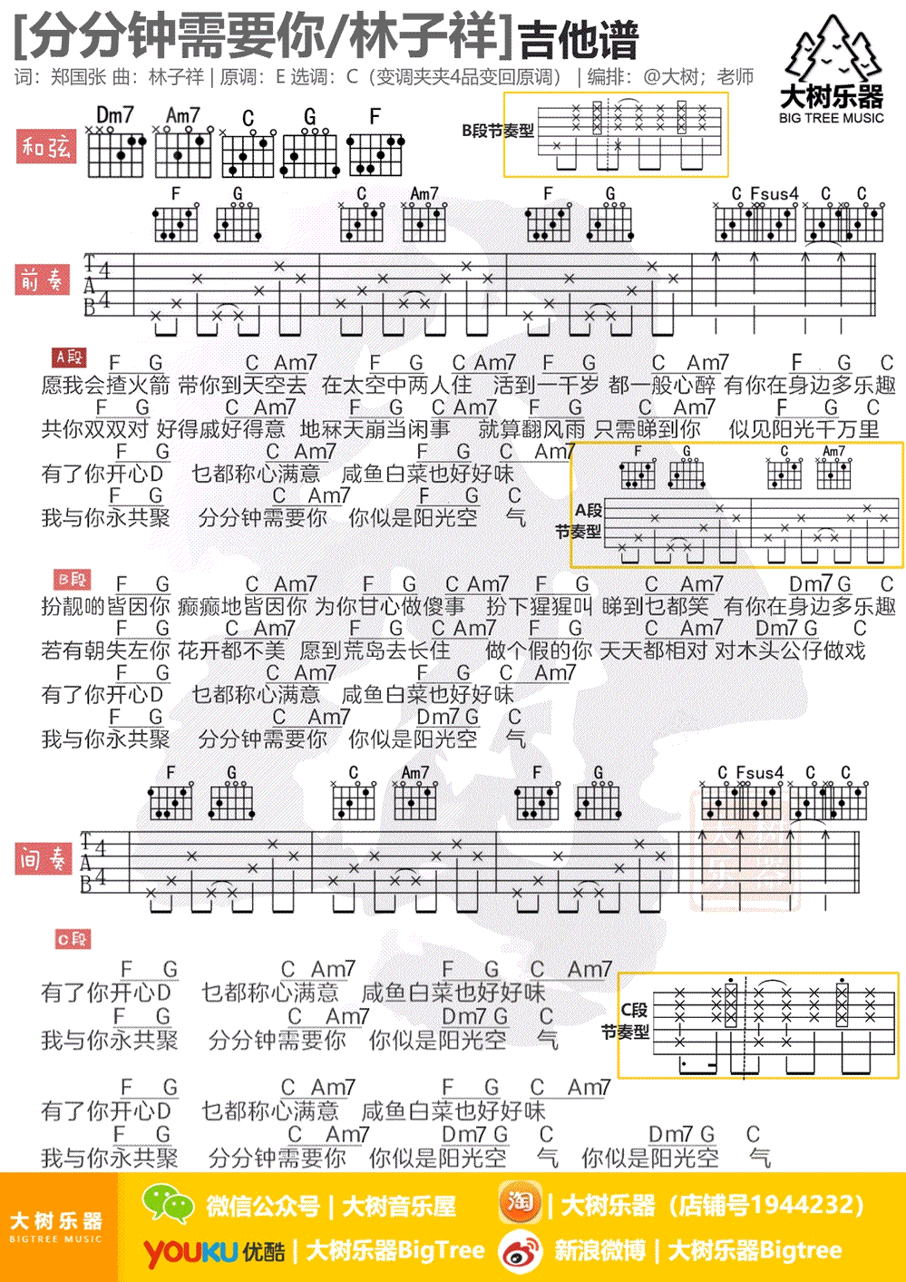 分分需要你吉他谱 C调_大树乐器编配_林子祥1