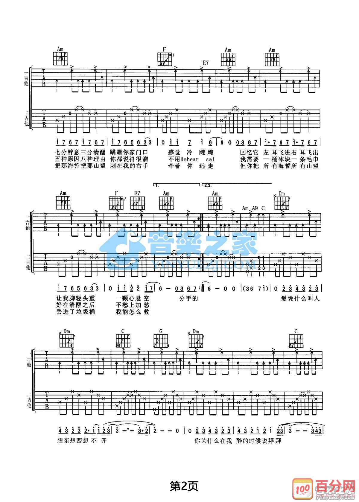 酒醉的探戈2001吉他谱 C调扫弦版_音乐之家编配_动力火车2