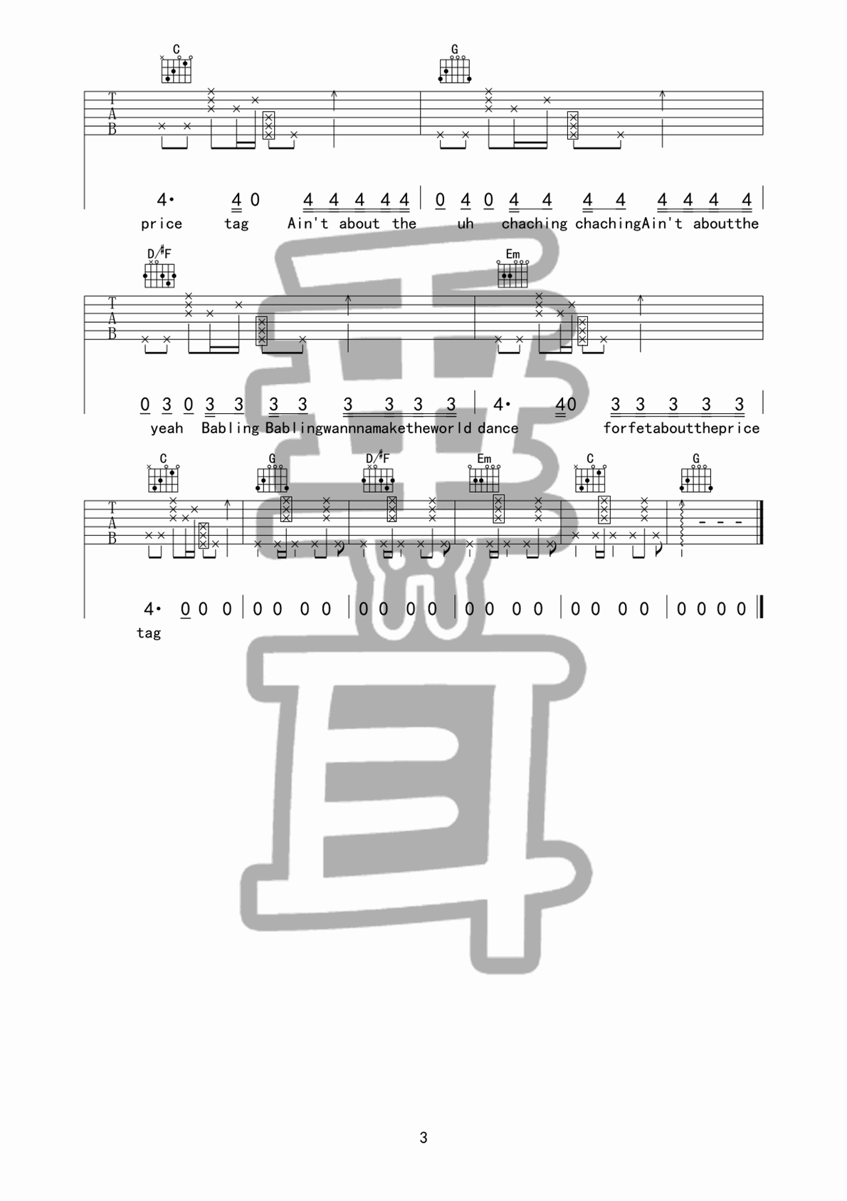 price tag吉他谱 A调女生版_垂耳吉他编配_Jessie J G3