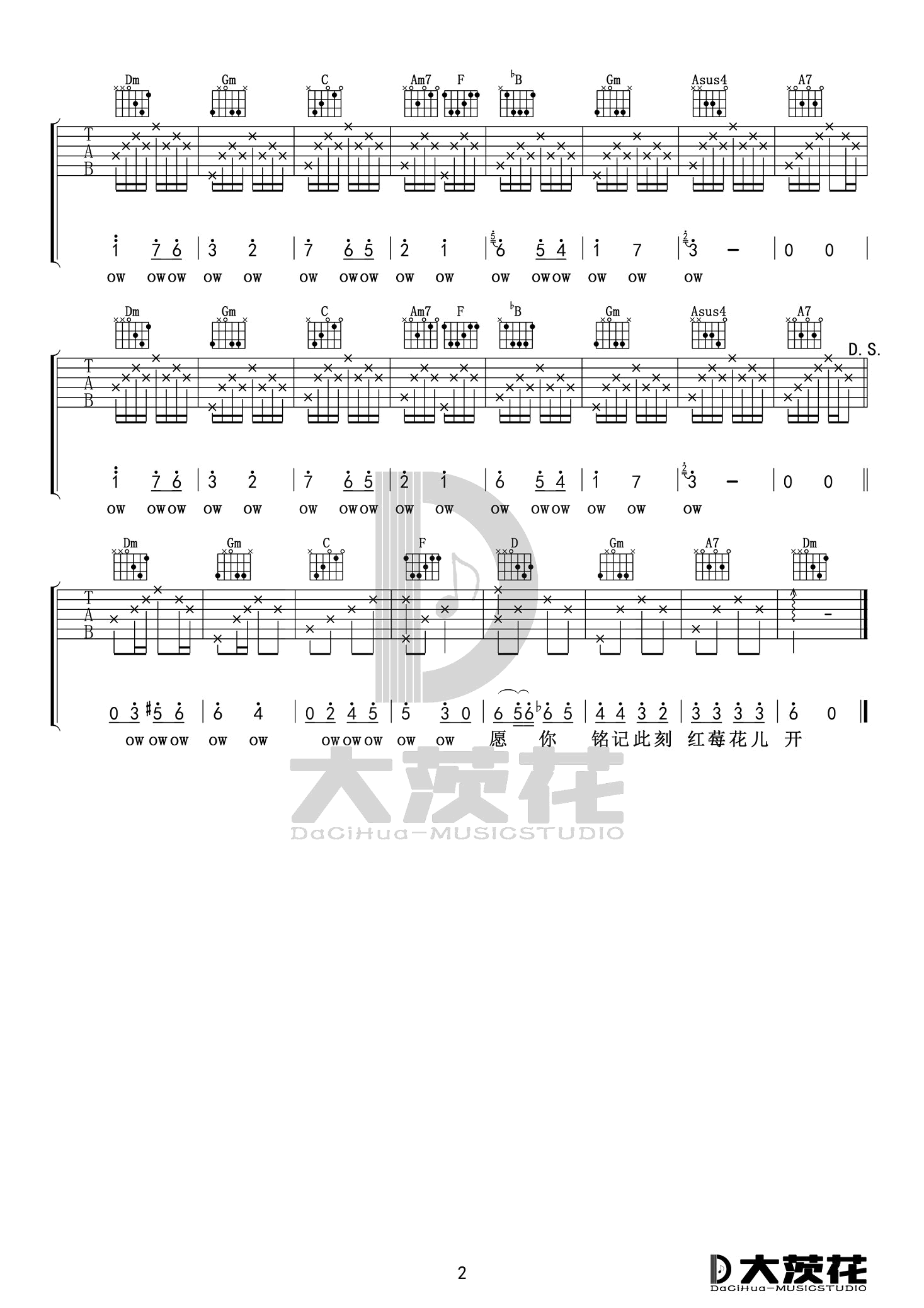 红莓花儿开吉他谱 F调简单版_大茨花编配_毛不易2