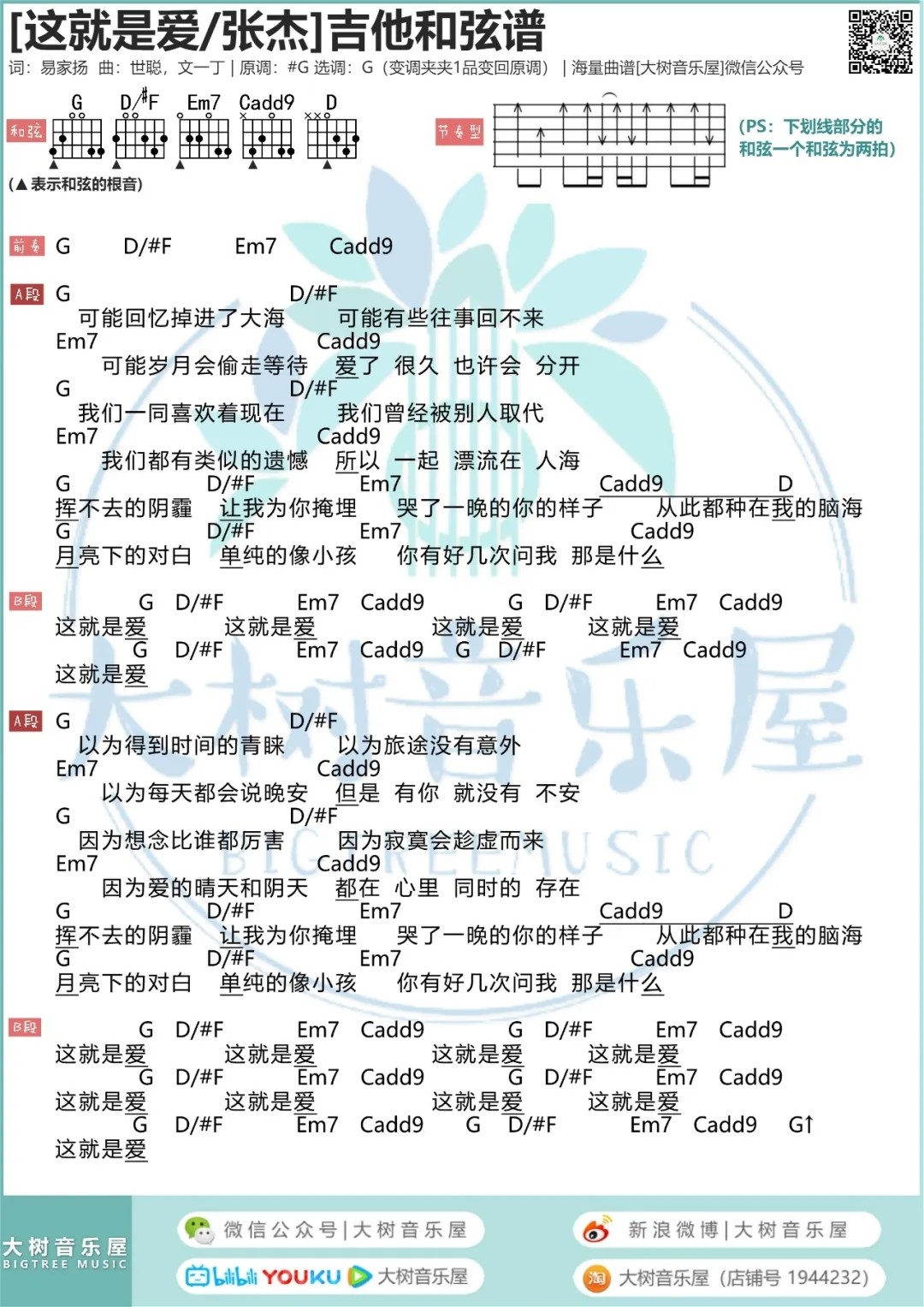 这,就是爱吉他谱 G调和弦谱_大树音乐屋编配_张杰1