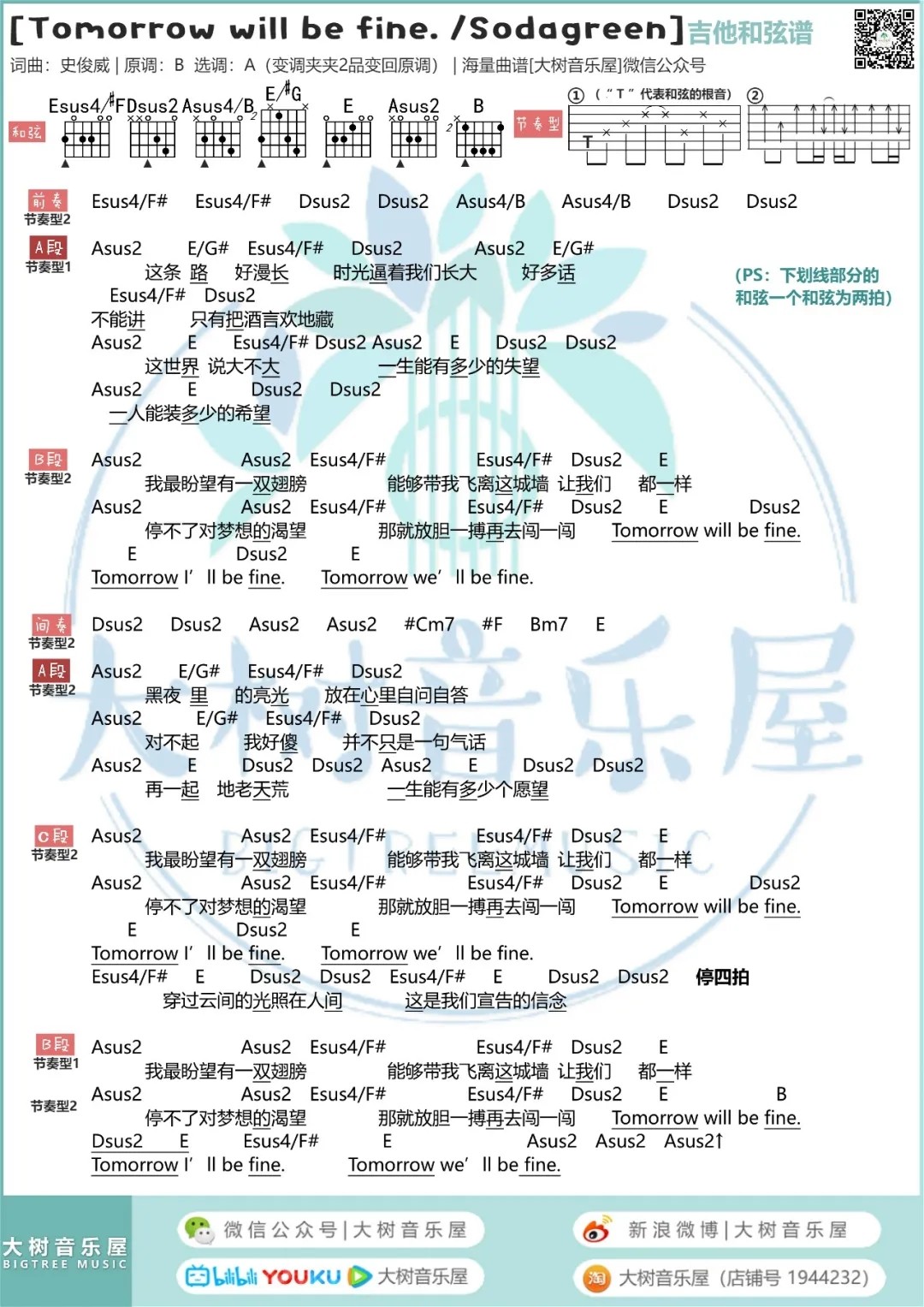 Tomorrow will be fine吉他谱 A调和弦谱_大树音乐屋编配_苏打绿1