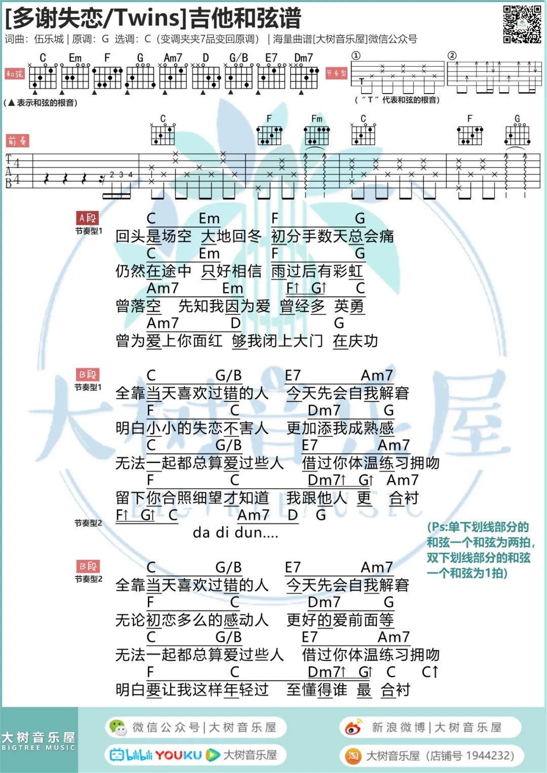 多谢失恋吉他谱 C调和弦谱_大树音乐屋编配_Twins1