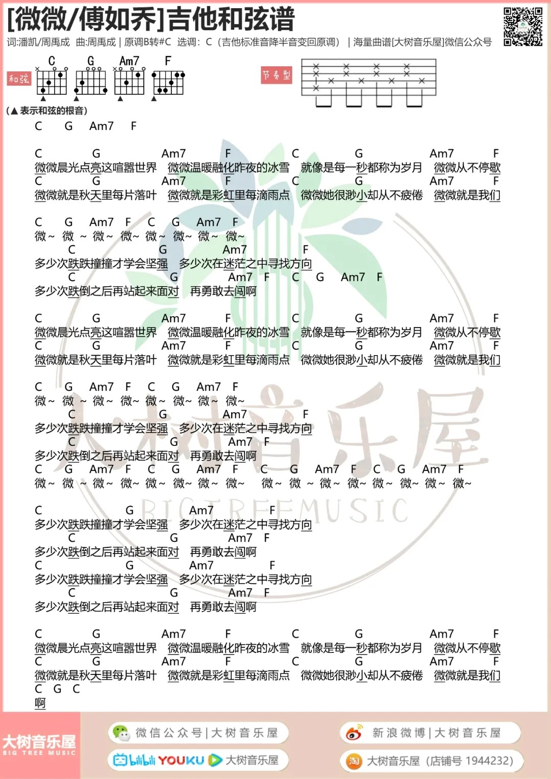 青春有你2吉他谱 C调和弦谱_大树音乐屋编配_傅如乔1