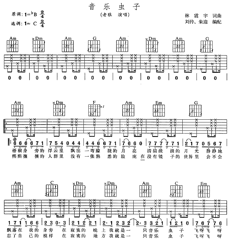 音乐虫子吉他谱 C调六线谱_简单版_老狼1