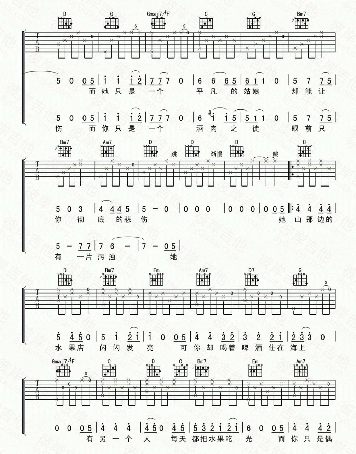 水果店的老板娘吉他谱 F调_彼岸吉他编配_宋冬野2