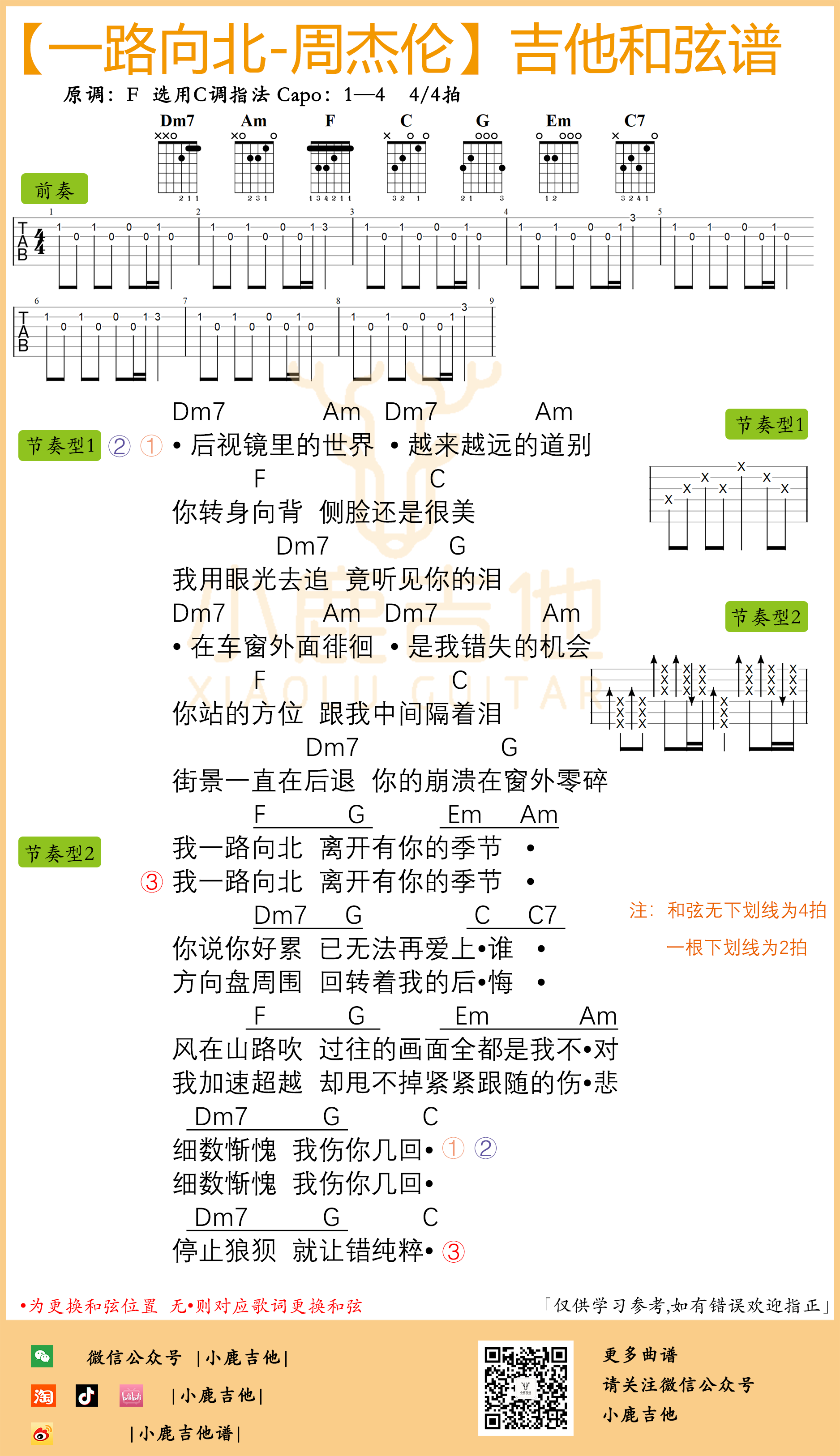 周杰伦一路向北吉他谱原版前奏（小鹿吉他）1
