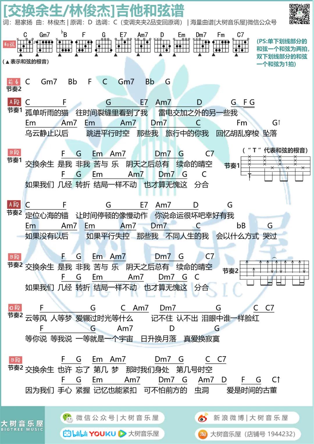 交换余生吉他谱 C调和弦谱_大树音乐屋编配_林俊杰1