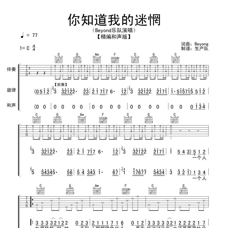 《你知道我的迷惘（和声版）吉他谱》C调_BEYOND_生产队编配_好听精编版本1