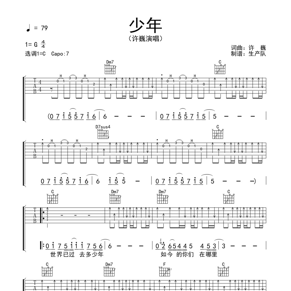 《少年吉他谱》C调_许巍_生产队编配_超级赞的版本1