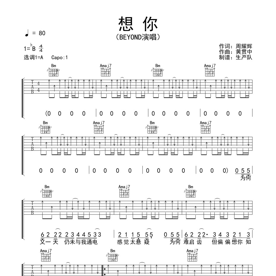 《想你吉他谱》A调_BEYOND_生产队编配_超好听快来学1