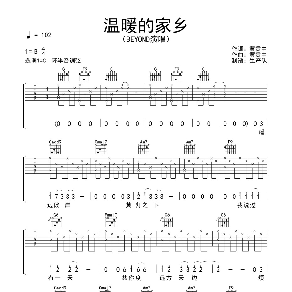 《温暖的家乡吉他谱》C调_BEYOND_生产队编配_超好听版本1