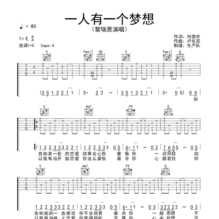 《一人有一个梦想吉他谱》C调_黎瑞恩_生产队编配_全网超好听版1