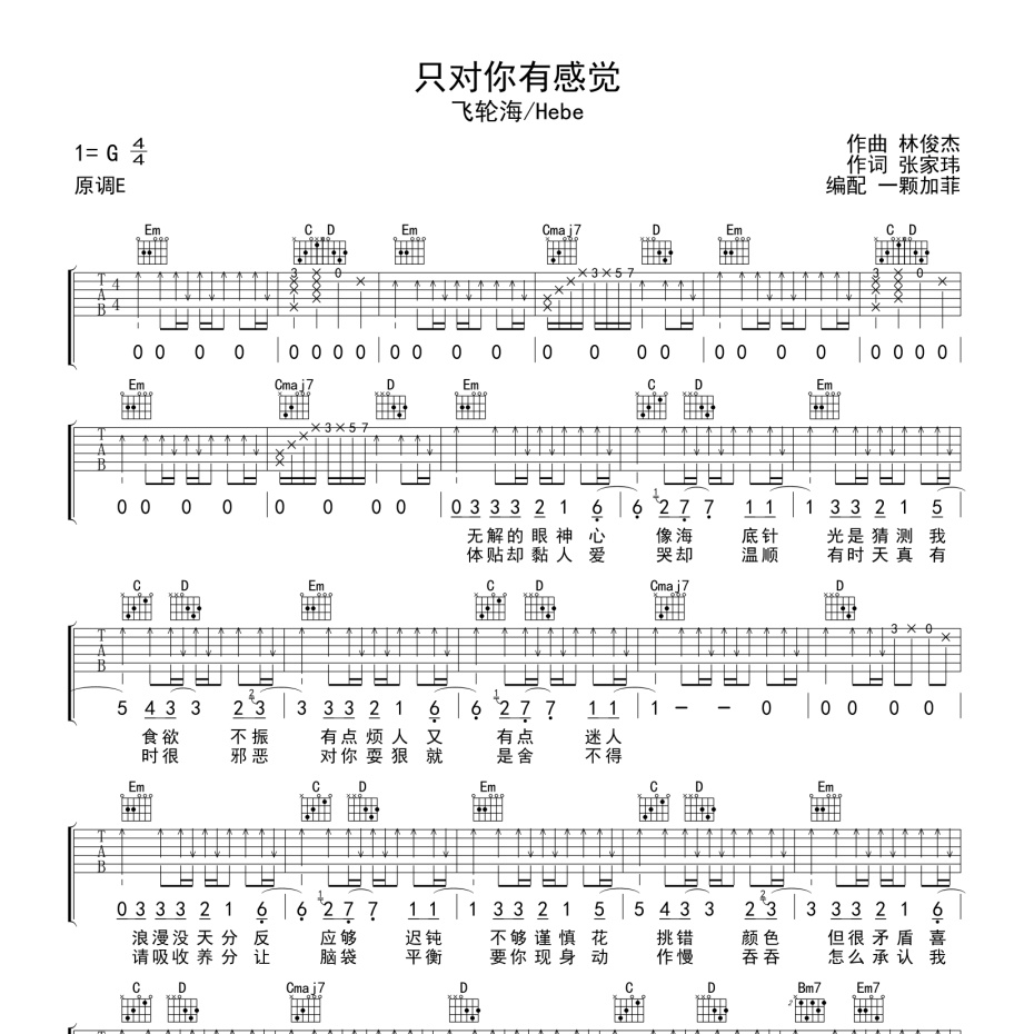 《只对你有感觉吉他谱》G调_飞轮海/Hebe_一颗加菲编配_大神级编配1
