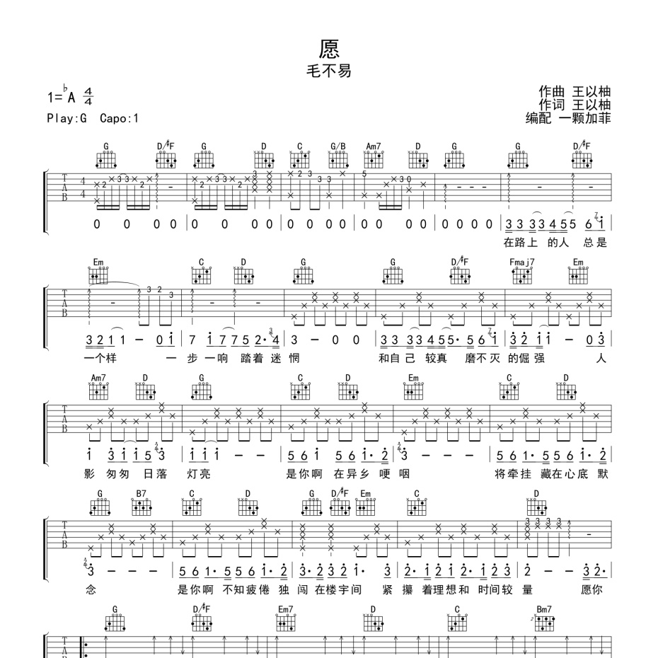 《愿吉他谱》G调_毛不易_一颗加菲编配_超好弹又好听1