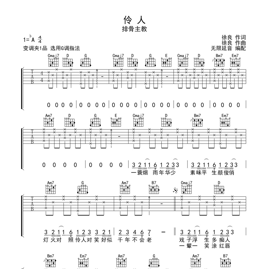 《伶人吉他谱》A调_排骨教主_无限延音编配_弹起来真好听1