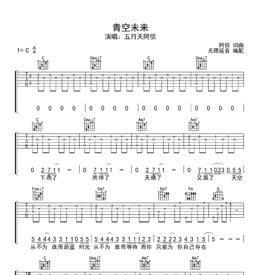 《青空未来吉他谱》C调_五月天阿信_无限延音编配_编配太美妙了1