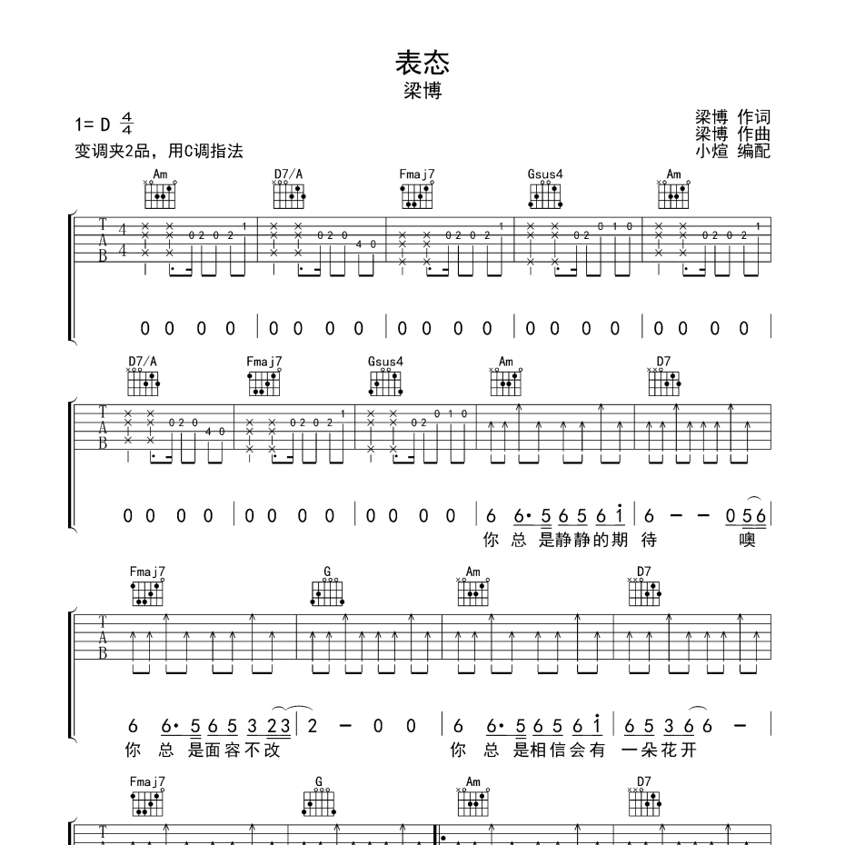 《表态吉他谱》C调_梁博_无限延音编配_弹起来真好听1