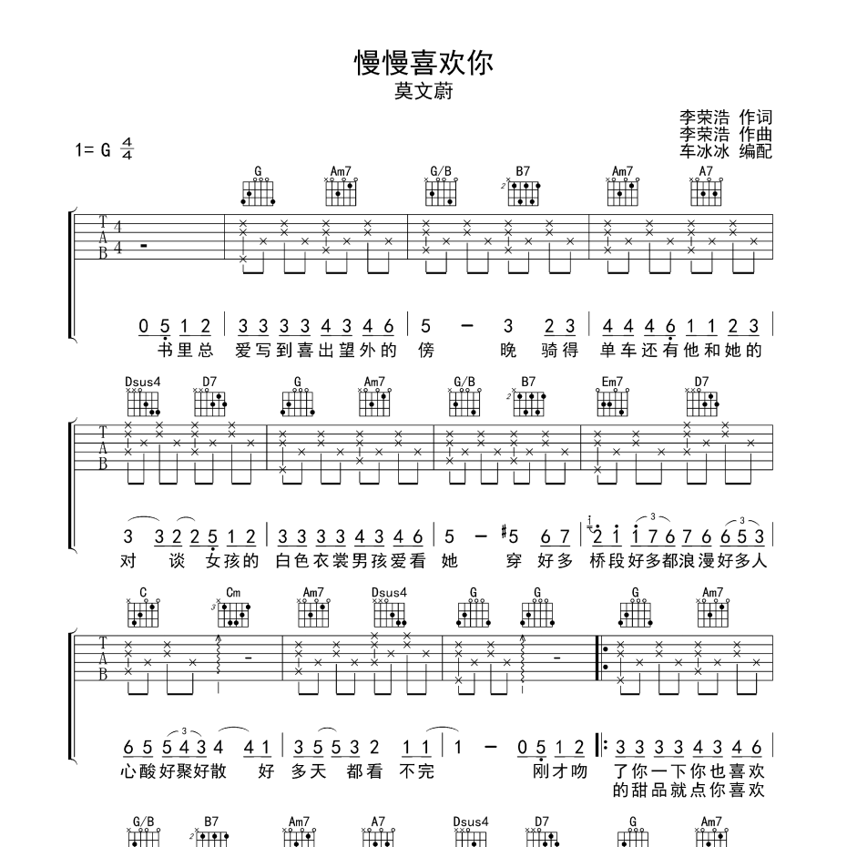 《慢慢喜欢你吉他谱》G调_莫文蔚_无限延音编配_大神级编配1