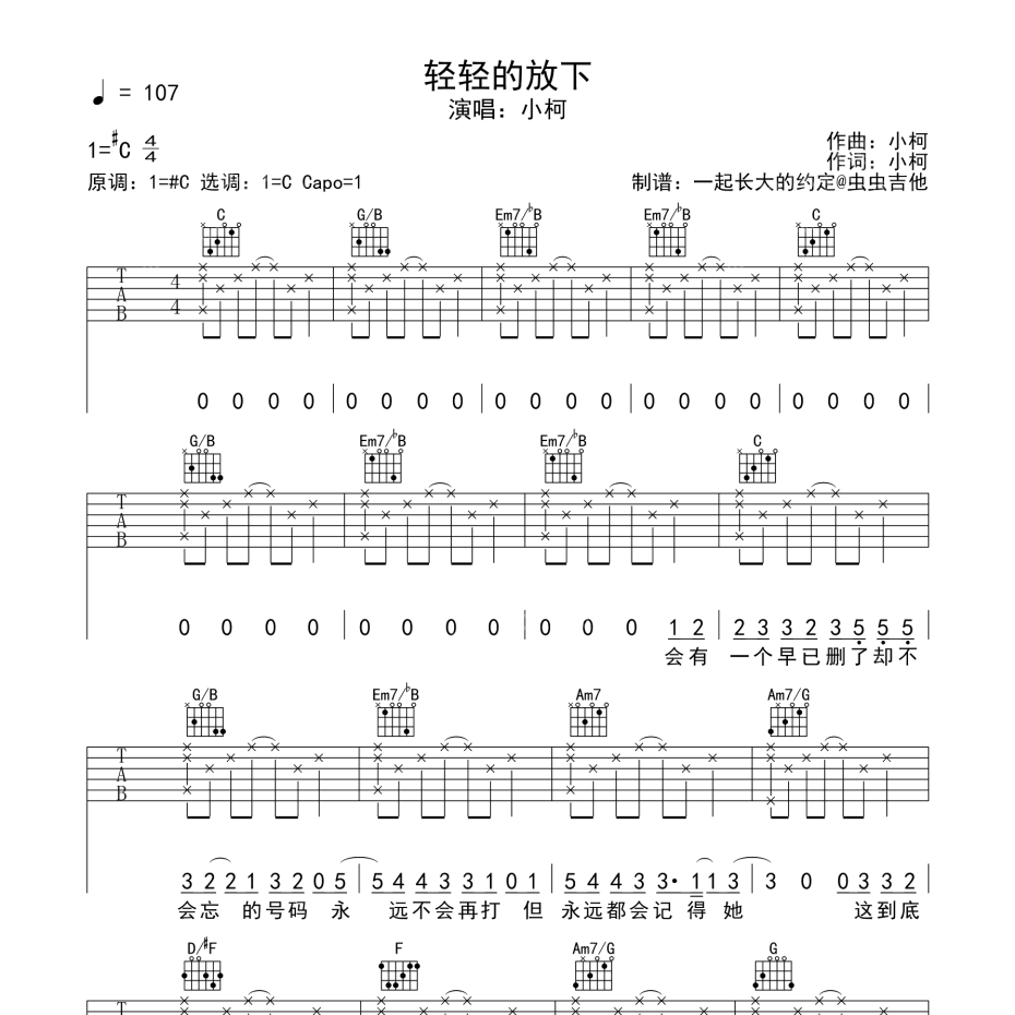 《轻轻的放下吉他谱》C调_小柯_一起长大的约定编配_编得太好听了1