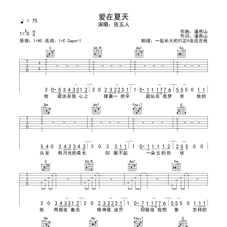《爱在夏天吉他谱》C调_告五人_一起长大的约定编配_简单超好听1