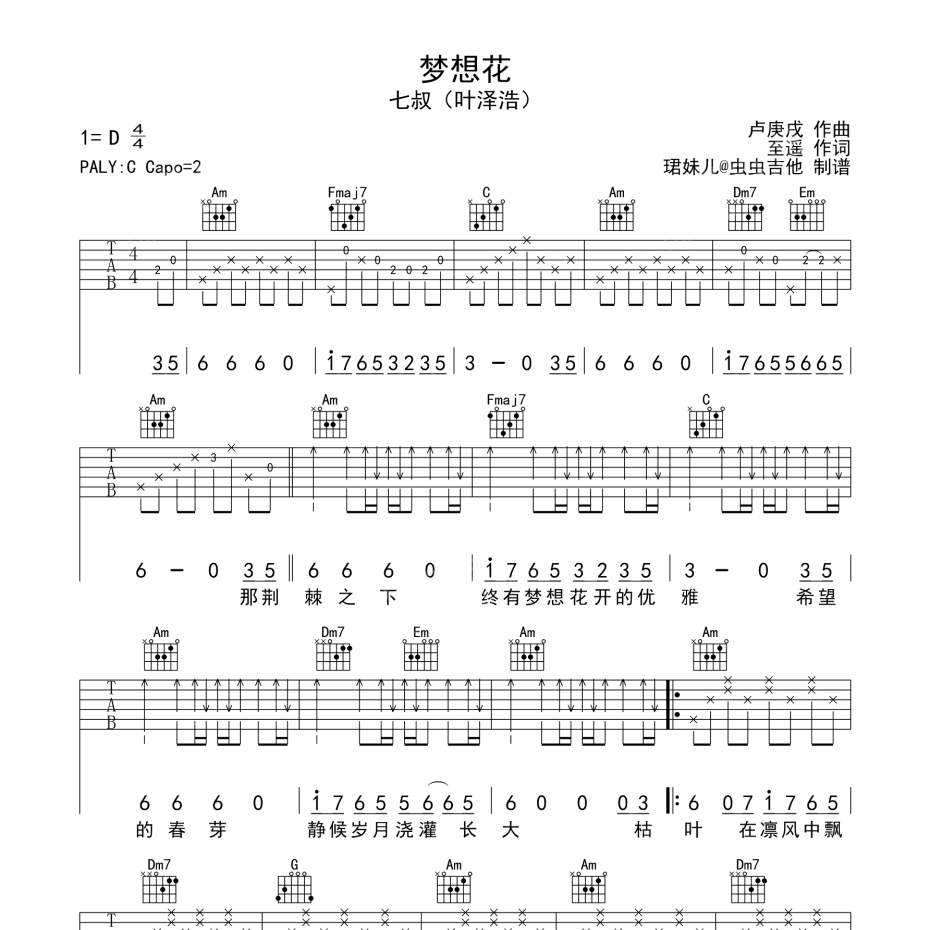 《梦想花吉他谱》C调_七叔(叶泽浩)_珺妹儿编配_经典编配好听1