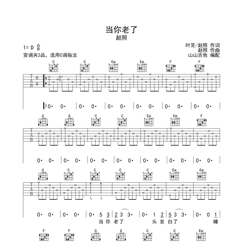 《当你老了吉他谱》D调_赵照_山山吉他编配_这版本绝了1