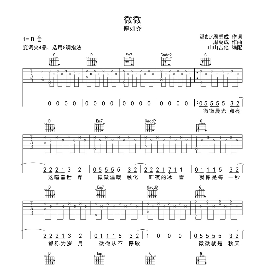 《微微吉他谱》B调_傅如乔_山山吉他编配_这版本绝了1