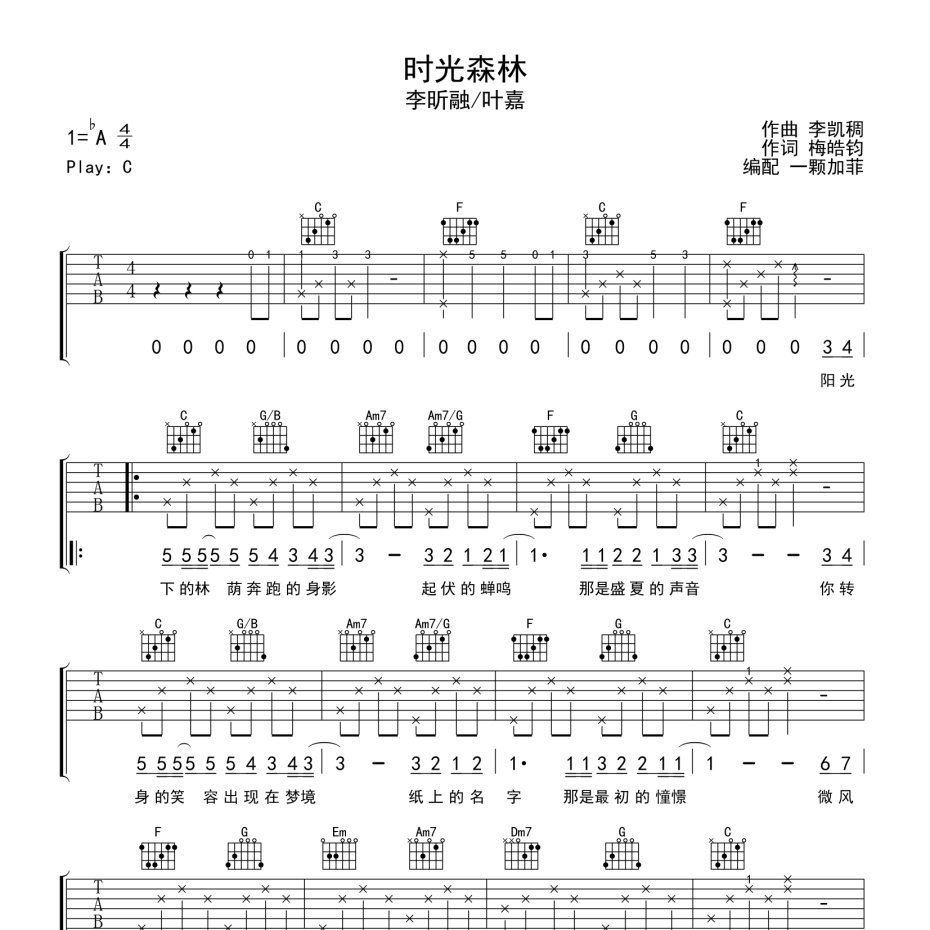 《时光森林吉他谱》C调_李昕融_一颗加菲编配_完美精编版1