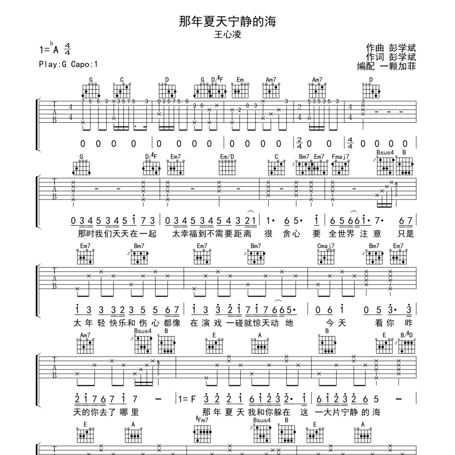 《那年夏天宁静的海吉他谱》C调_王心凌_一颗加菲编配_好听和弦超简单1
