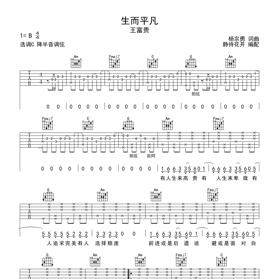 《生而平凡吉他谱》C调_王富贵_静待花开编配_宝藏级编配1