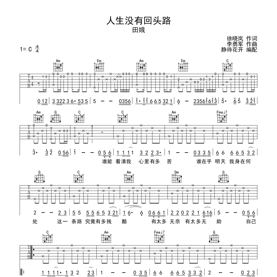 《人生没有回头路吉他谱》C调_田娥_静待花开编配_编得太好听了1