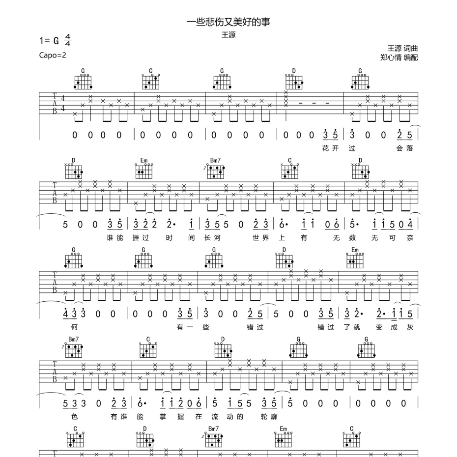 《一些悲伤又美好的事吉他谱》G调_王源_郑心情编配_超好听版本1
