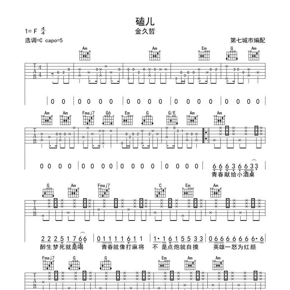 《磕儿吉他谱》C调_金久哲_第七城市guitar编配_实在太惊艳了1