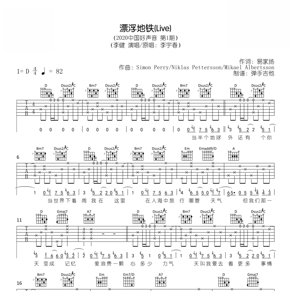 《漂浮地铁(Live)吉他谱》D调_李健_弹手吉他编配_超级赞的版本1