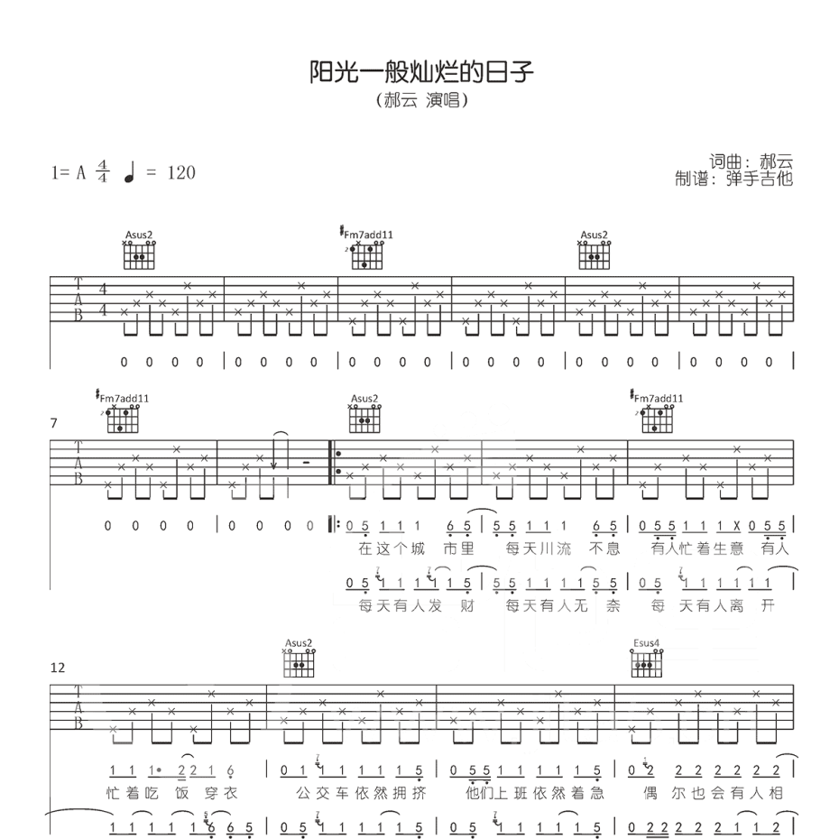 《阳光一般灿烂的日子吉他谱》A调_郝云_弹手吉他编配_好听到爆炸1