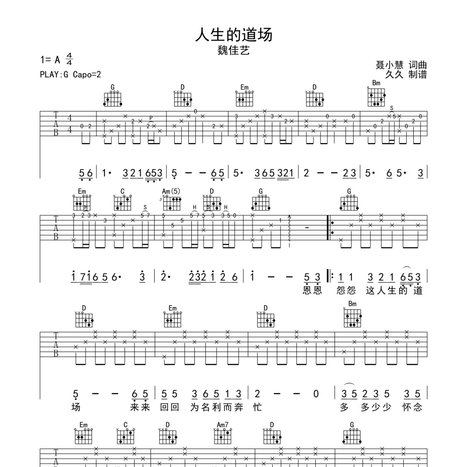 《人生的道场吉他谱》C调_魏佳艺_珺妹儿编配_超级赞的版本1