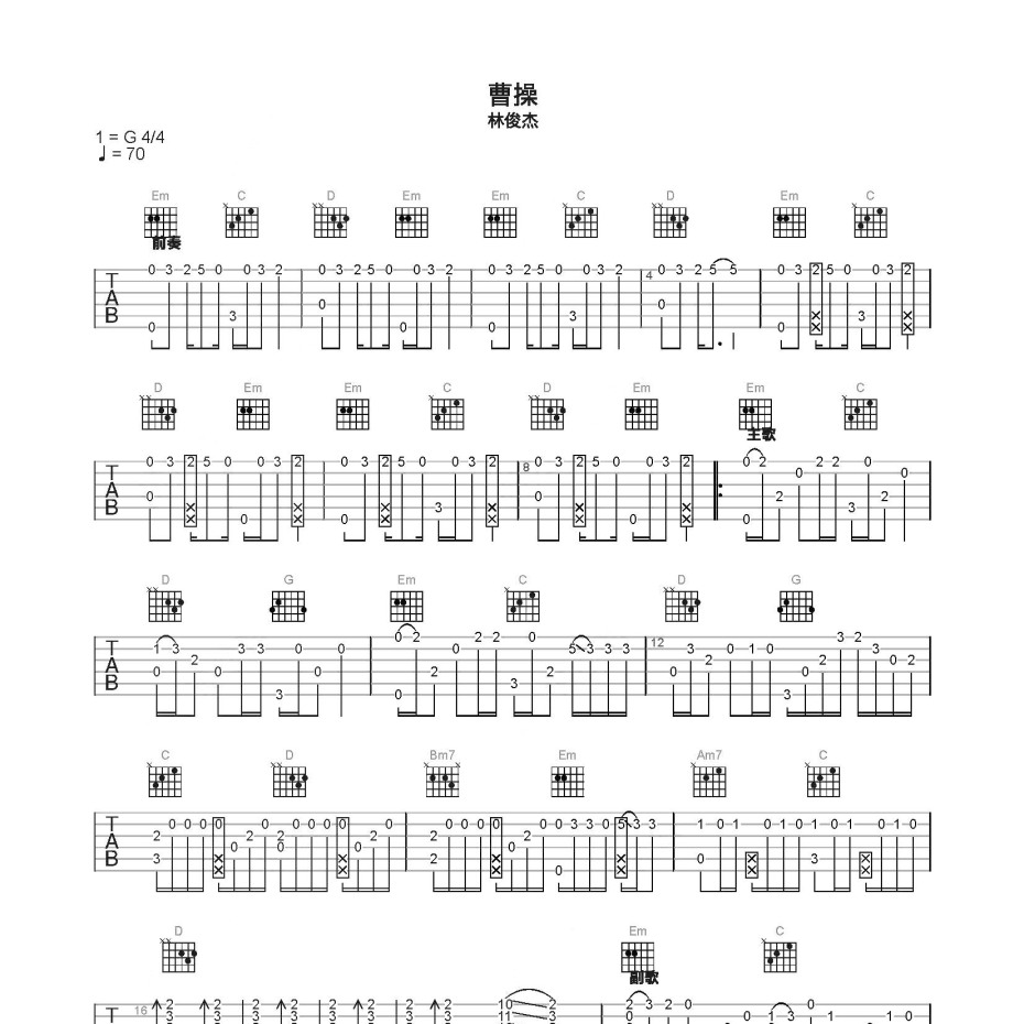 《曹操吉他谱》C调_林俊杰_简单乐谱编配_这版本绝了1