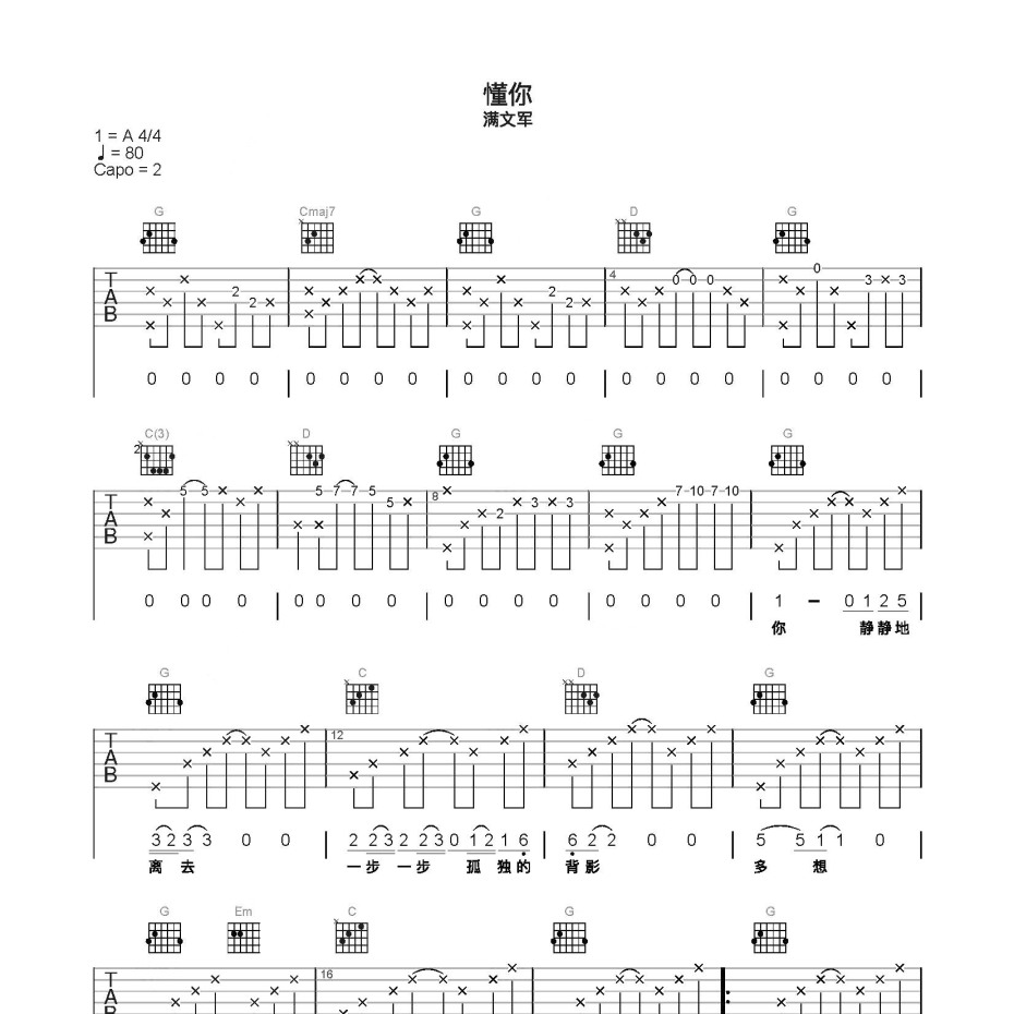 《懂你吉他谱》C调_满文军_简单乐谱编配_编配效果超好1