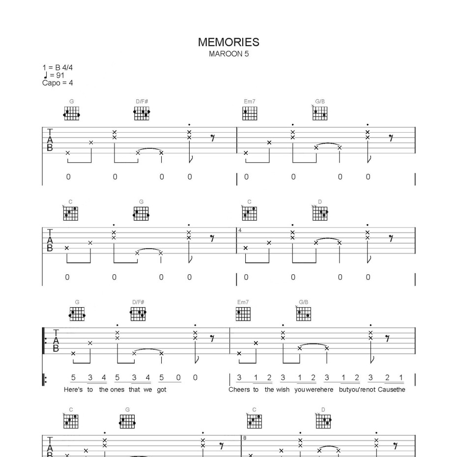 《Memories吉他谱》C调_Maroon 5_简单乐谱编配_编配效果超好1