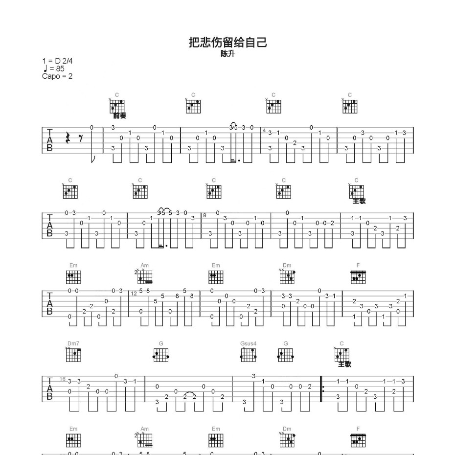 《把悲伤留给自己吉他谱》C调_陈升_简单乐谱编配_旋律超级上头1