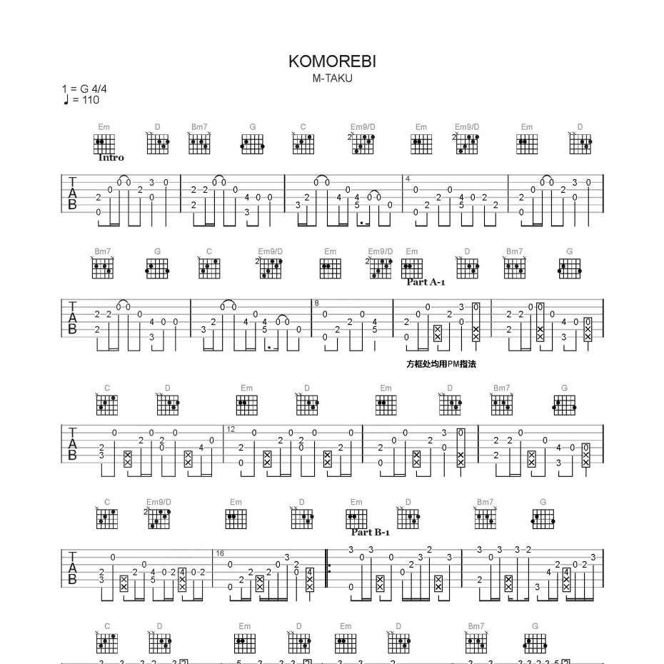 《Komorebi吉他谱》C调_M-taku_简单乐谱编配_简单超好听1