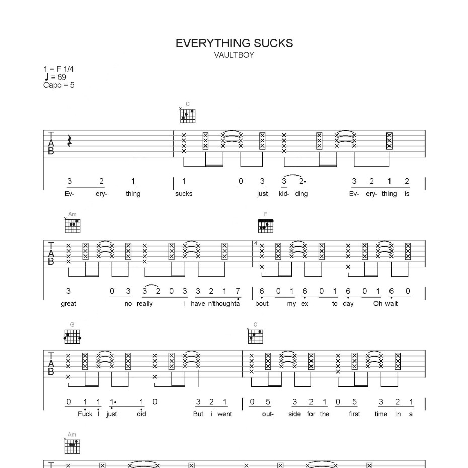 《Everything Sucks吉他谱》C调_vaultboy_简单乐谱编配_既好听又易学1