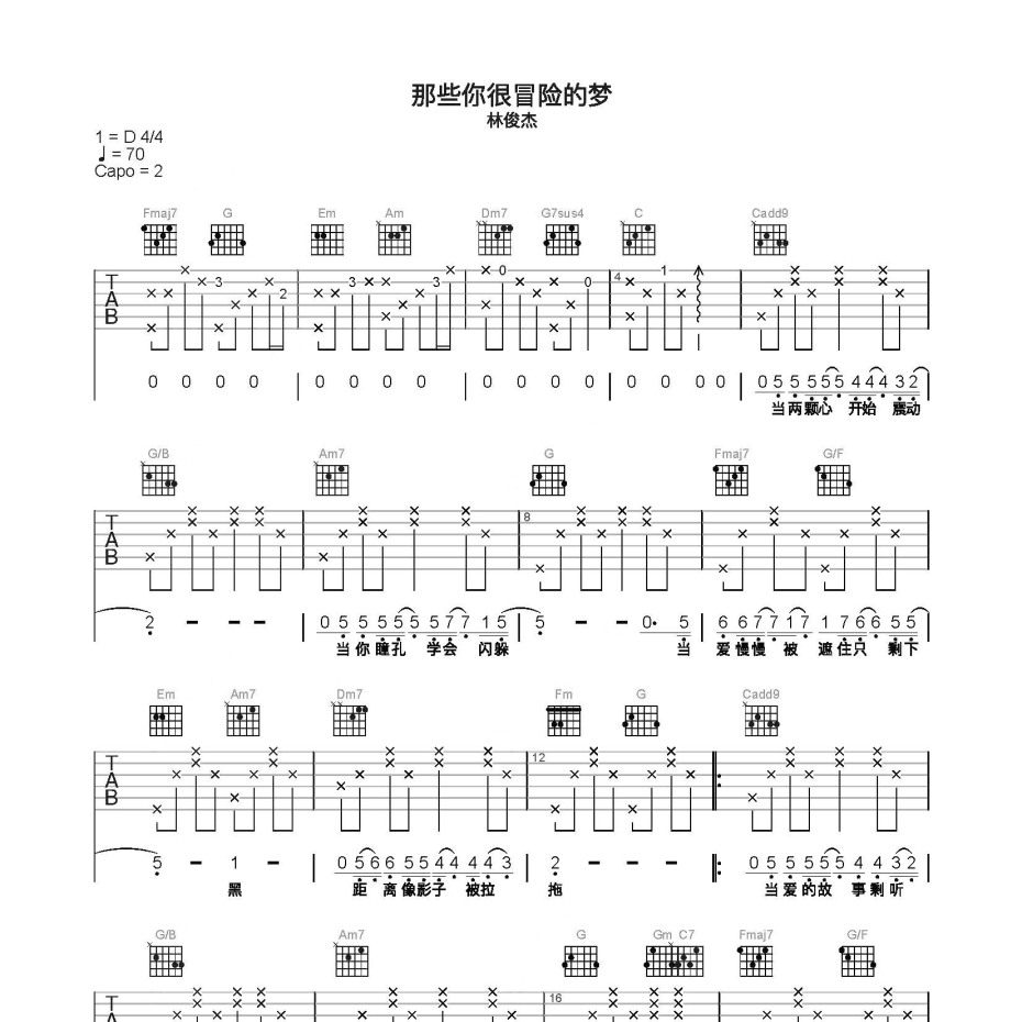 《那些你很冒险的梦吉他谱》C调_林俊杰_简单乐谱编配_好听到想哭1